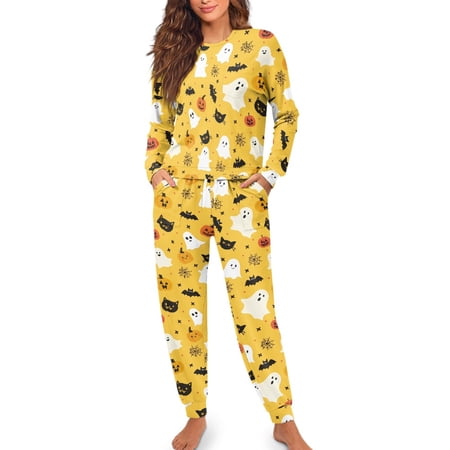 SCRAWLGOD Halloween Women s Sleepwear Sets 2 Pieces Fall Casual Pjs Pants Long-Sleeve Round Collar Top and Full-Length Bottom with Drawstring & Pockets Ghost Cat Pumpkin Bat Yellow L