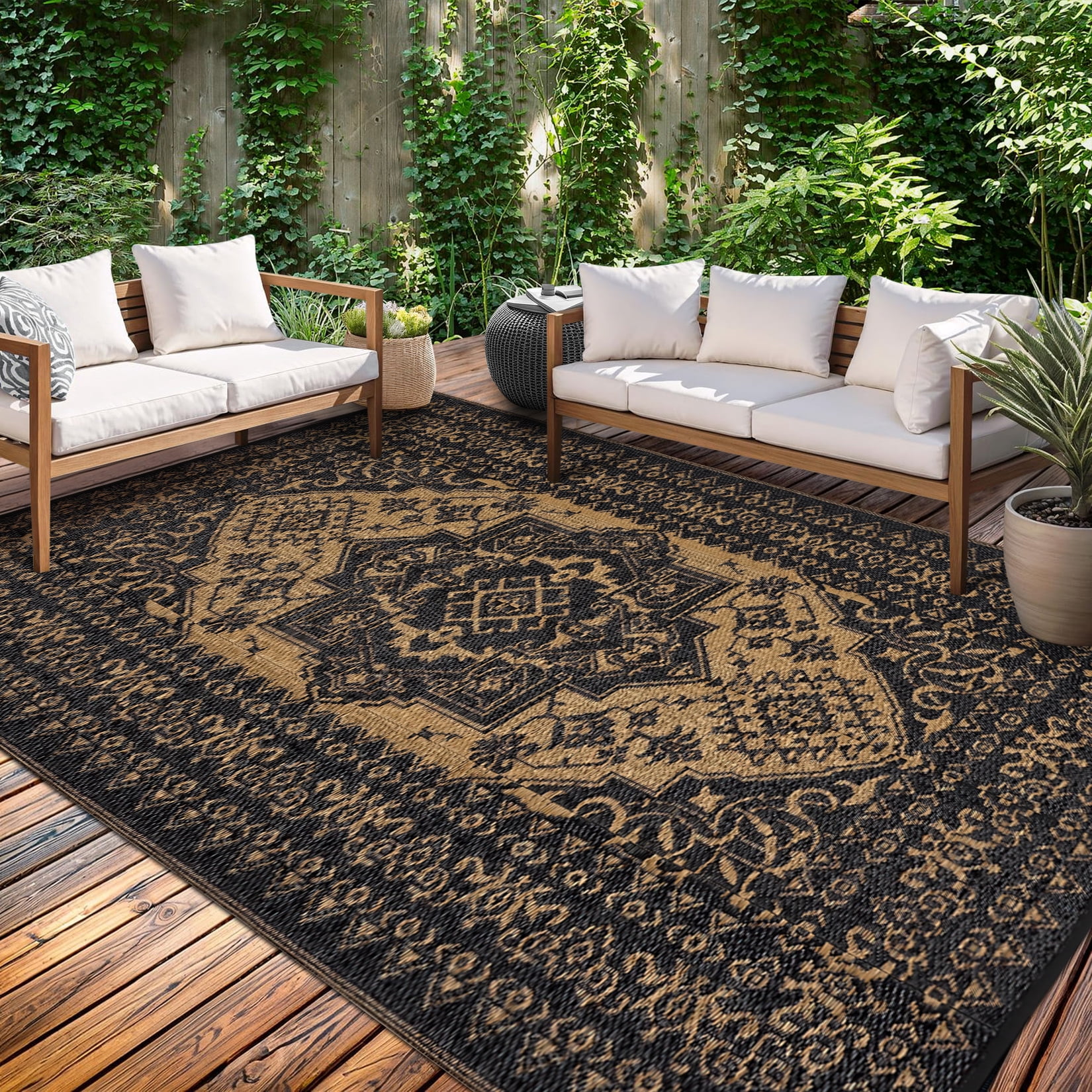Garvee Outdoor Rug 8'x10' Waterproof Reversible Plastic Straw Rug, Indoor Outdoor Rug for Patio RV Camping Balcony Deck Backyard, Black & Brown