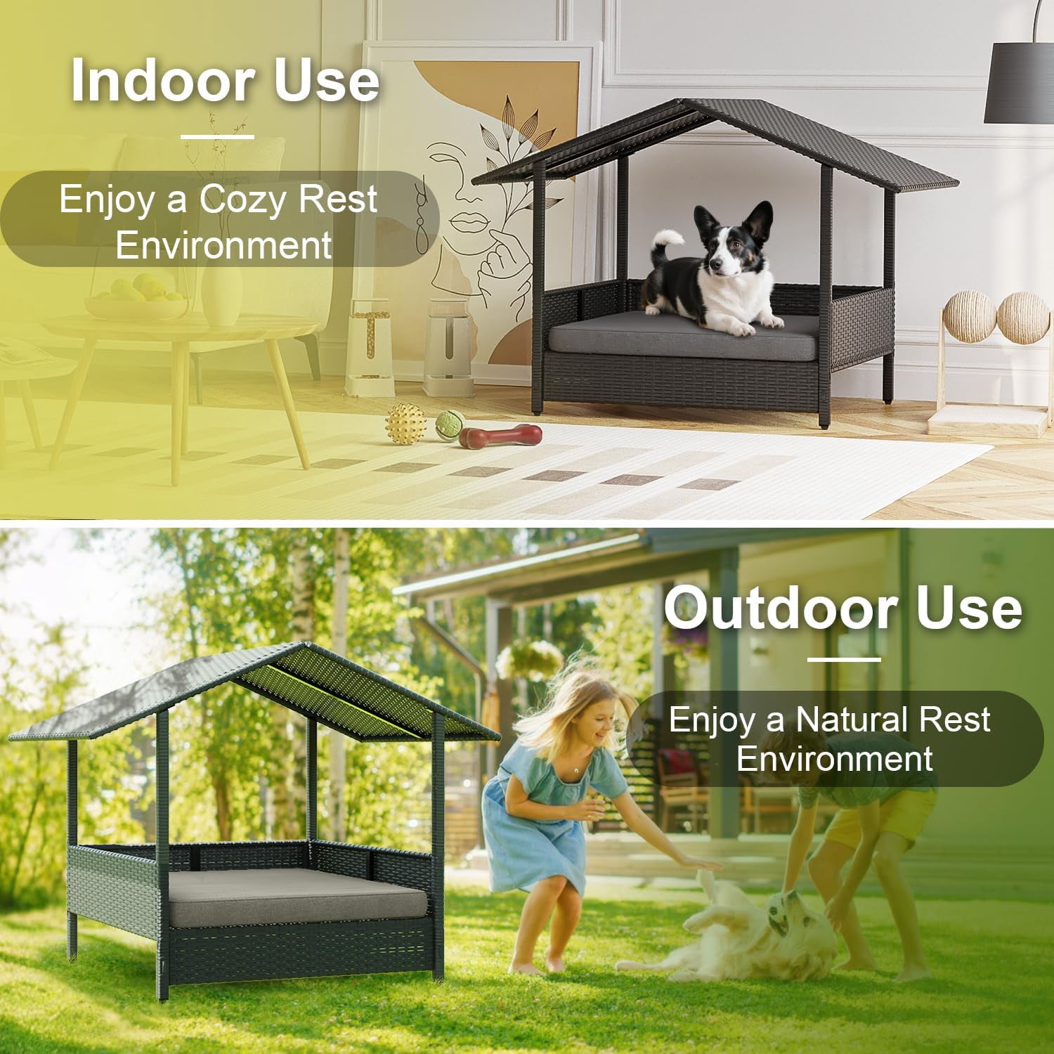 Wicker Dog House Outdoor Indoor with Canopy and Removable Cushion, Elevated Rattan Dog Bed Shelter for Small/Medium Dogs, Weather Proof Cushion Cover Pet Cabana for Patio, Deck, Pool, Yard,Black