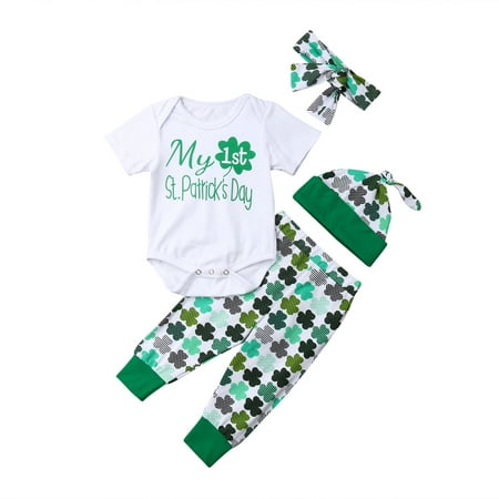 My First St. Patrick's Day Newborn Infant Baby Boy Girl Romper+Pants+Hat+Headband 4Pcs Outfits Clothes