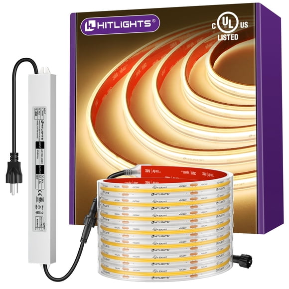 Outdoor COB LED Strip Lights Kit Waterproof 3000K Warm White, 24V Tape Light with Power Supply, IP67, 2560 LEDs, 305 lm/ft, CRI 9