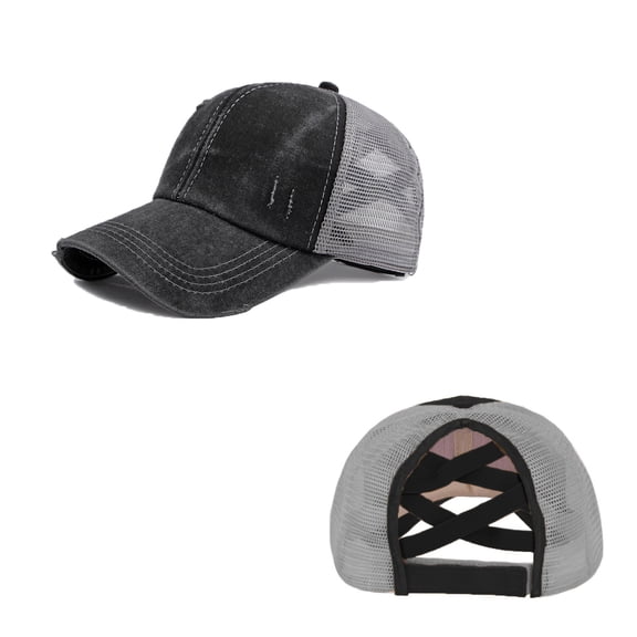 Women's Distressed Ponytail Baseball Cap Mesh Back Vintage Trucker Hat Adjustable Unisex Breathable Sun Hat for Running, Hiking, and Casual Wear,Grey