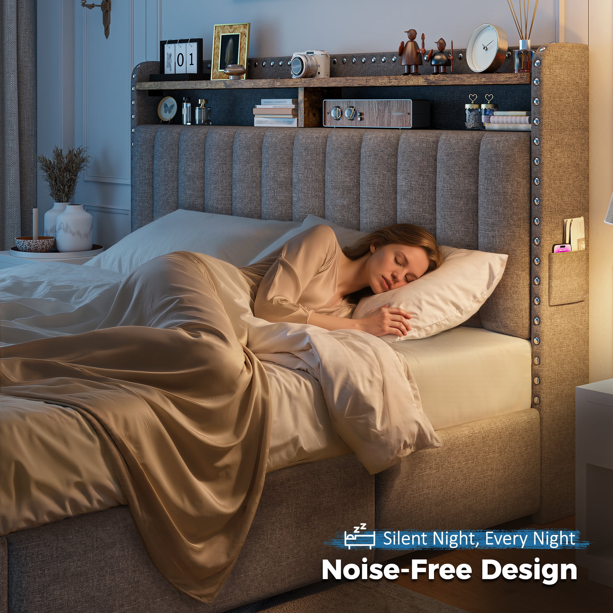 EnHomee Upholstered Full Size Bed Frame with Headboard and Storage, Sturdy Full Bed Frame with 3 Drawers, No Noise, Grey