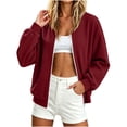 thumbnail image 2 of LEKWK Bomber Jacket Women Full Zip Long Sleeve Elegant Coat with Pockets Corduroy Vintage Relaxed Fit Casual Fall Fashion Outerwear Wine M, 2 of 6
