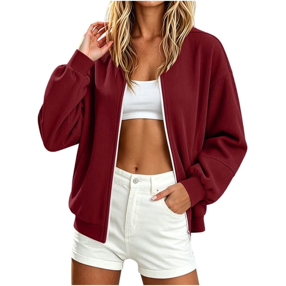 cocolona Womens Zip Up Jacket Casual Long Sleeve Crew Neck Coat Trendy Lightweight Corduroy Outerwear Coat