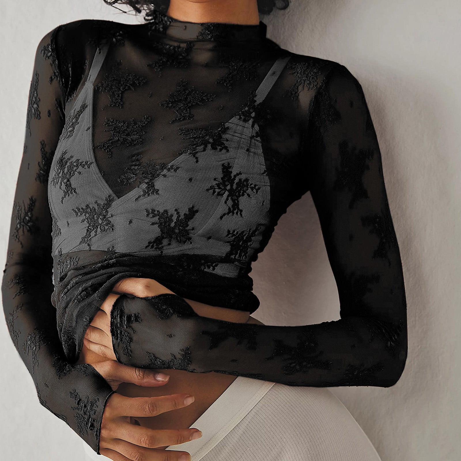 floral embroidered sheer mesh top