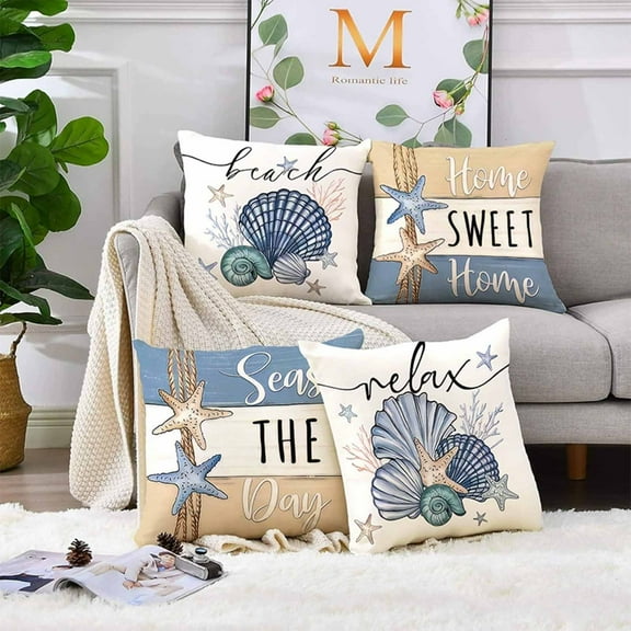 Summer Series Decorative Easter Pillow Covers, Beach Scallop Letter Printed Cushion Cases, Soft Fabric Pillowcase Set for Sofa Couch Bed Window Seat, Easter Decor for Living Room Bedroom, 18*18in, D