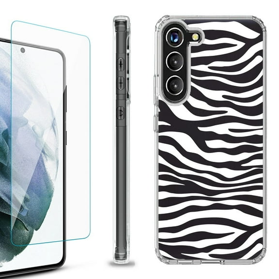 OneToughShield ® for Samsung Galaxy S23  S23 Plus 5G Shockproof Bumper Phone Case, with Tempered Glass Screen Protector - Zebra B/W