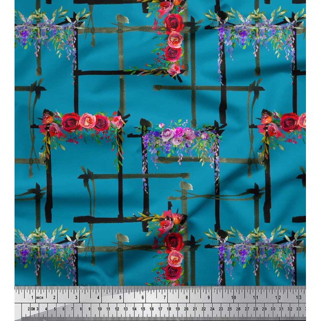 Soimoi Blue Rayon Fabric Geometric & Rose Floral Decor Fabric Printed Yard 56 Inch Wide