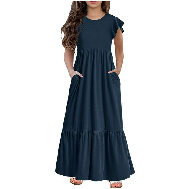Jgppe Robe Maxi pour Filles Été Ample Basique Manches Courtes Ourlet à Volants Extensible Robes Longues Décontractées avec Poches 6-13 Ans