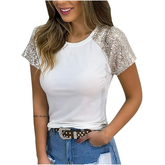 Plus Size Tops for Women Viikei Womens Summer Tops 2025 Womens Tops Clearance under $5 Women Summer Fashion O-Neck Short Sleeve Casual Sequins T-Shirt Top