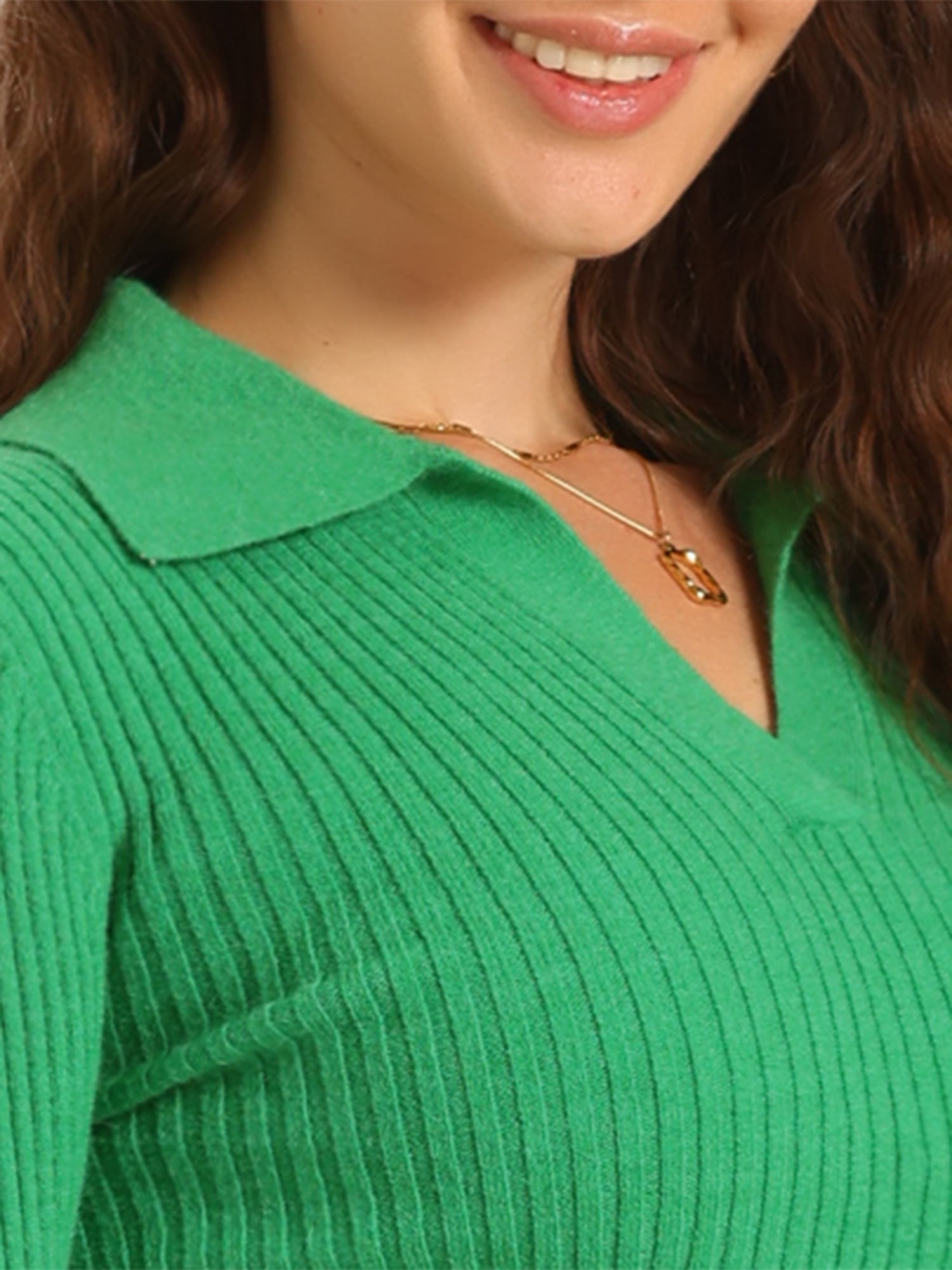 DARING DIVA Women's Collared Ribbed Knit Long Sleeve  Blouse XS Green