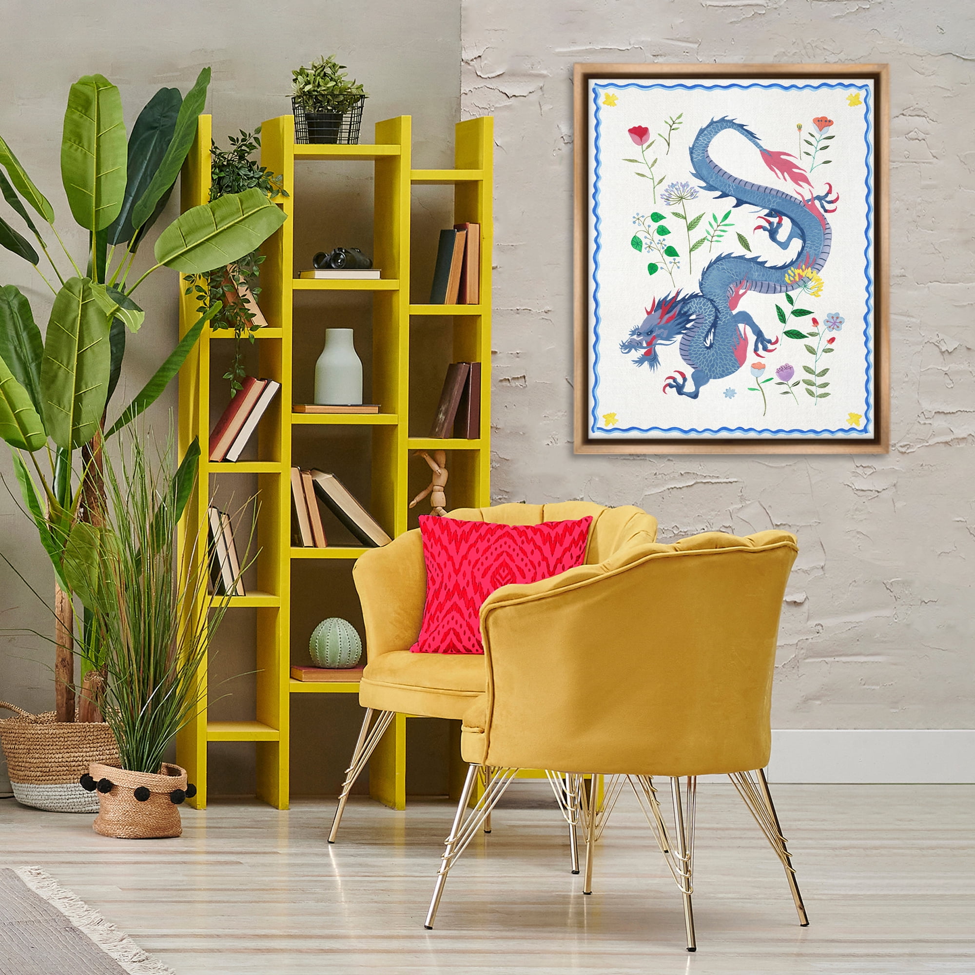 Stupell Industries Blue Dragon & Botanicals Fantasy & Sci-Fi Painting Brown Floater Framed Canvas Art Print Wall Art, 25 x 31