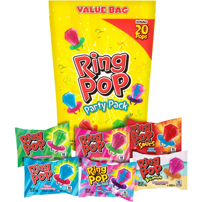 Ring Pop Lollipop Party Pack, Assorted Flavors of Hard Candy, 10 oz, 20  Count Bag