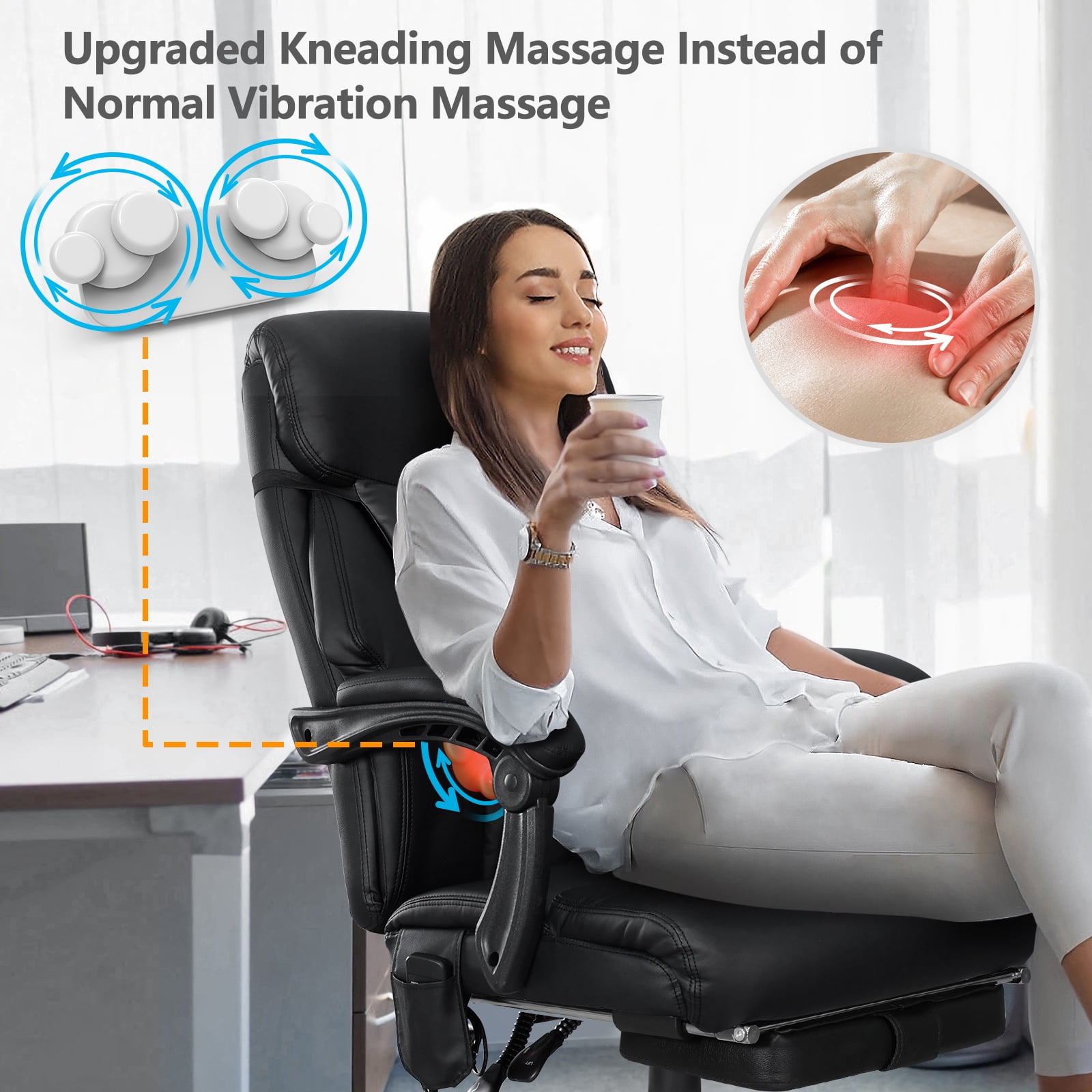 NOBLEMOOD 4 Points Massage Heated Office Chair with Foot Rest&Pillow Black Ergonomic Excutive Office Chair for Adult