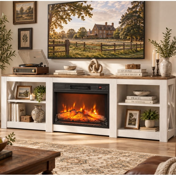 Ktaxon 70 Inch Fireplace TV Stand for TVs Up to 80", Farmhouse Entertainment Center with 23" Electric Fireplace, TV Console with Adjustable Open Storage, Washed White