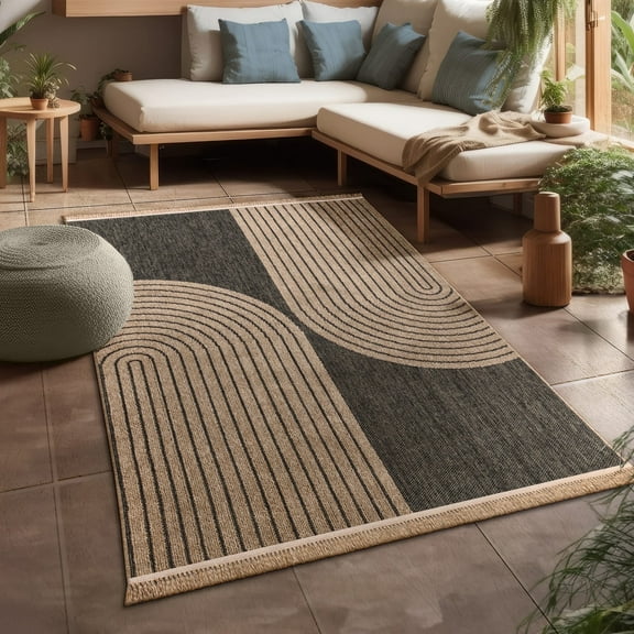 Modern Area Rug Boho Design in Natural Brown Black