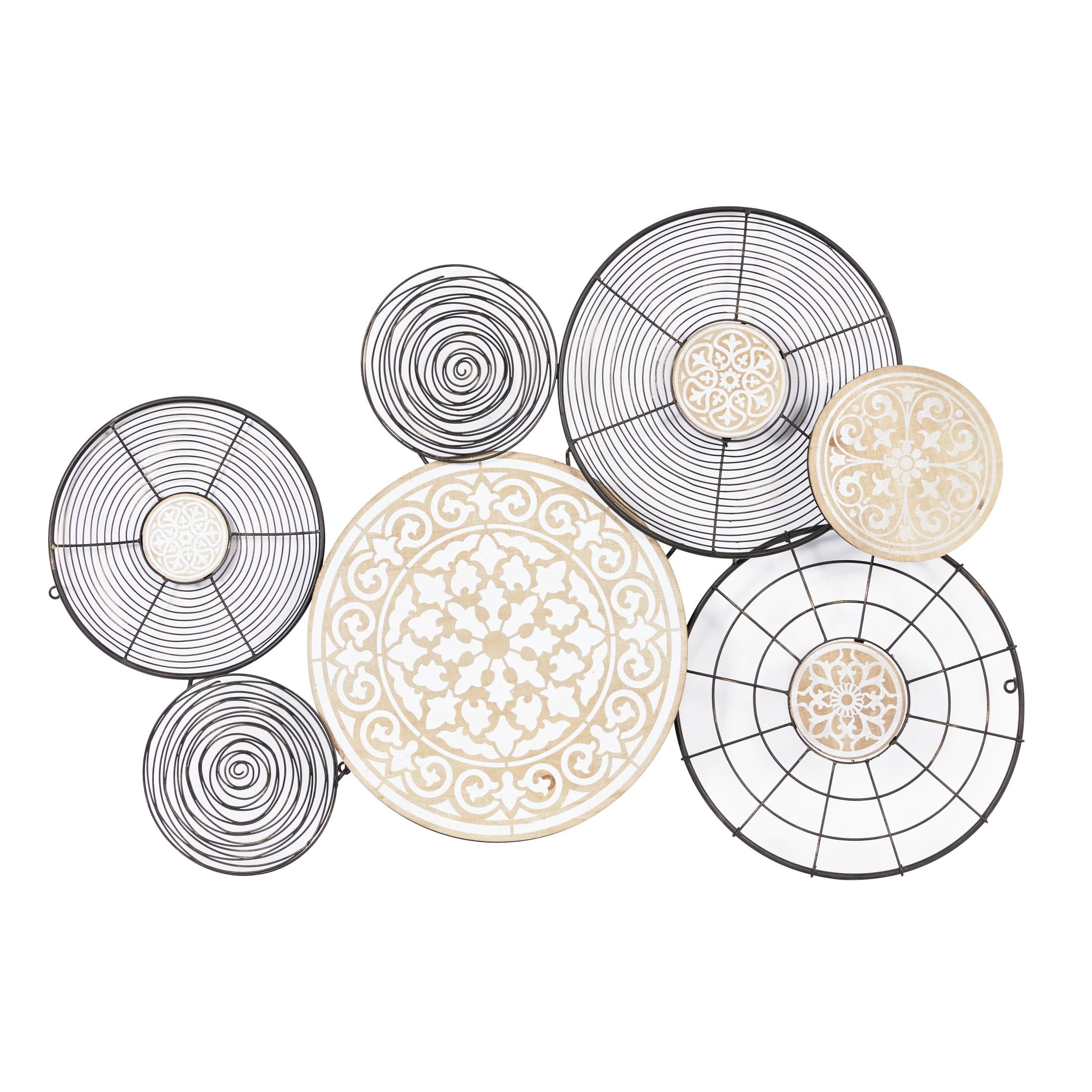 DecMode Black Metal Floral Wire Plate Wall Decor with Brown and White Scrolls