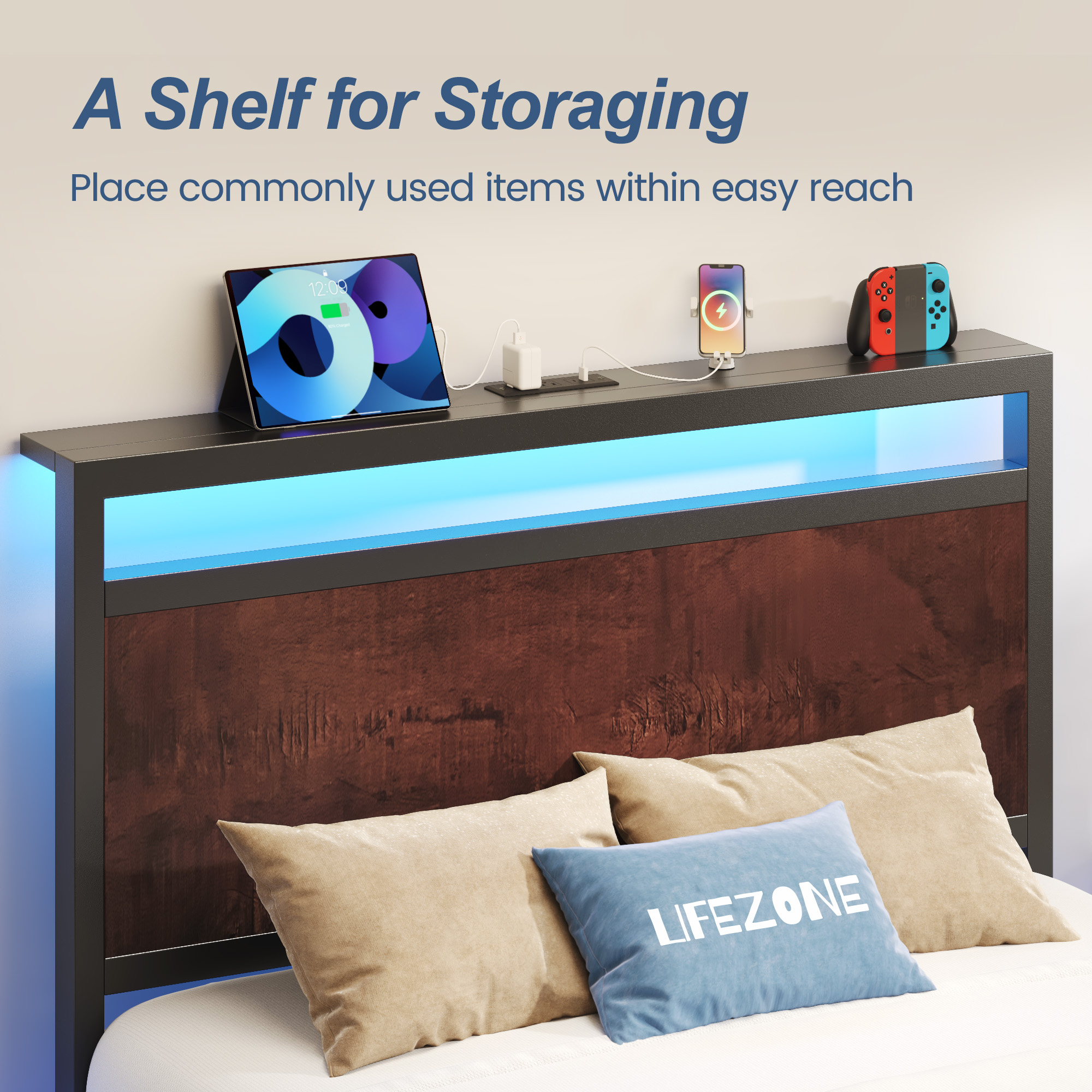 Lifezone Iron Wood Bed Frame, USB Port, LED Headboard, Noise-Free, Twin, Brown