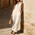 thumbnail image 3 of Puyaiuu Women Summer Stand Collar Button Front Sleeveless Wide Leg Linen Blend Jumpsuit White XL Gift, 3 of 7