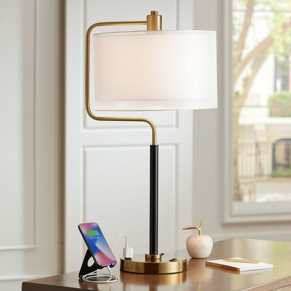 Possini Euro Design Carlyle Modern Mid Century Desk Lamp 30 1/2" Tall Gold with USB and AC Power Outlet in Base Double Drum Shades for Living Room