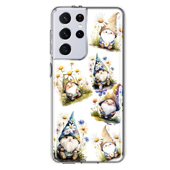MUNDAZE Samsung Galaxy S21 Ultra Shockproof Clear Hybrid Protective Phone Case Cute White Blue Daisies Gnomes Cover