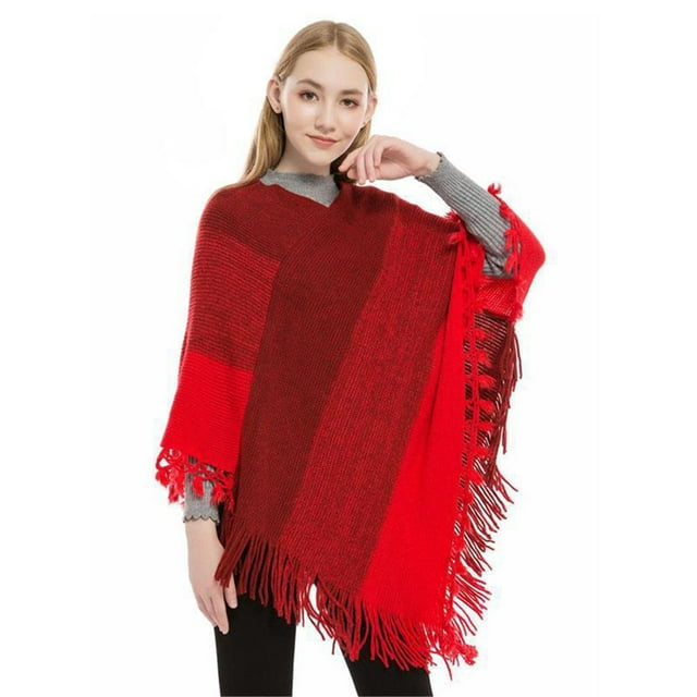 Poncho Rayé pour Femmes avec Pompons Châle Tricoté Foulard à Franges Étoles Pashminas Chandail Chandail Cape Cadeaux pour Femmes Foulard Châle Étoles pour Femmes Rouge