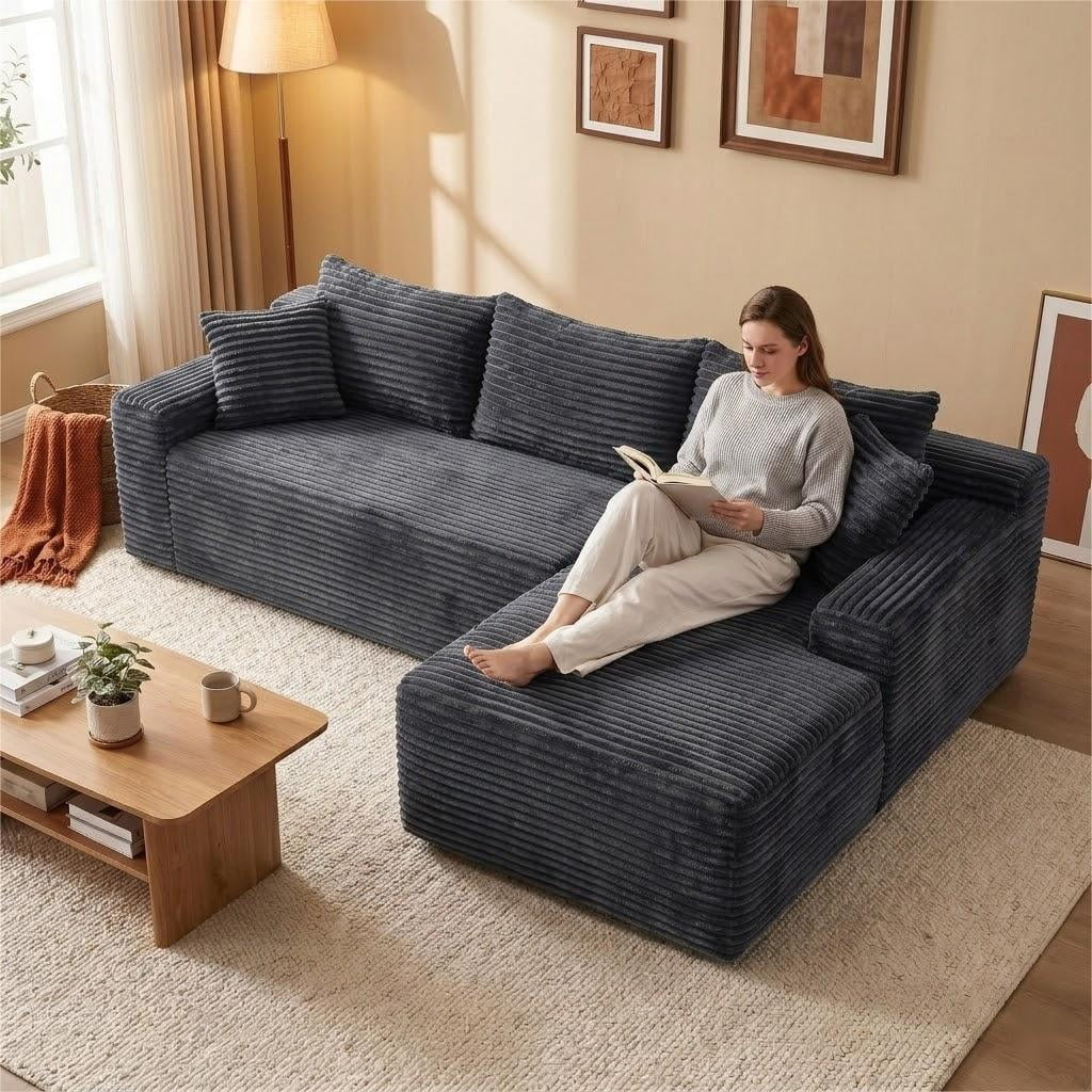 avobird 94.5" Cloud Modular Sectional Sofa Couch with Left Side L-Shape Chaise,Modern Corduroy Upholstered Couches for Living Room Bedroom,Deep Seat Corner Couch, Gray