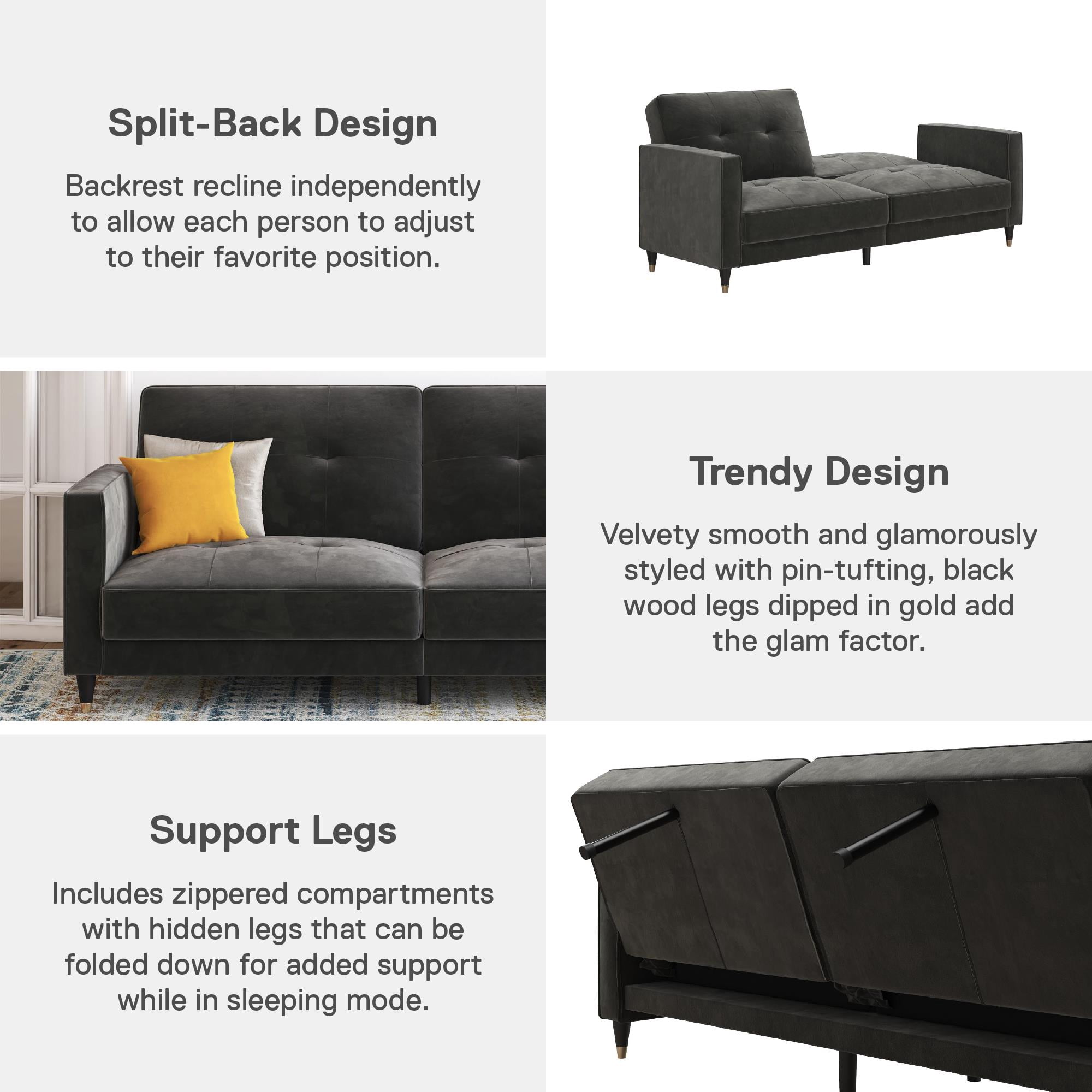 DHP Penelope Pin Tufted Futon, Dark Gray Velvet