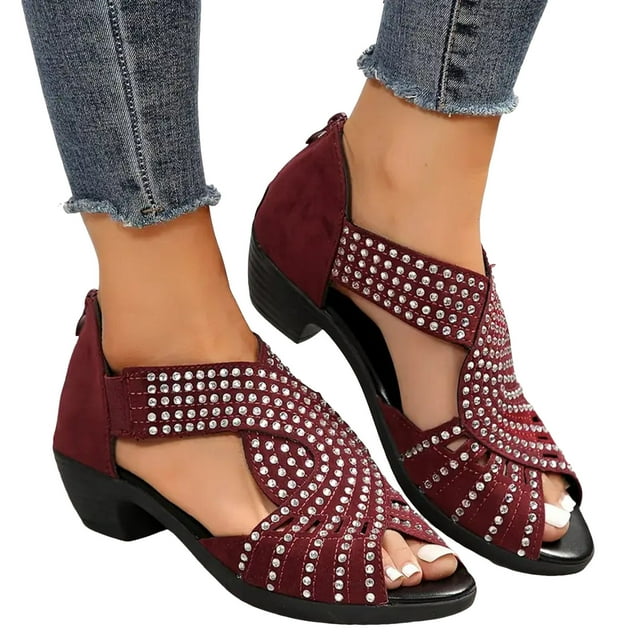 Womens Rhinestones Gladiator Dress Sandals Vintage Glitter Peep Toe Chunky Mid Heel Back Zipper Summer Shoes