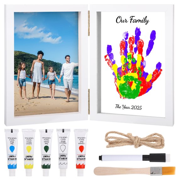 Handprint Souvenir Kit, White Wood Frame for DIY Clear Handprints, Personalized Keepsake Set with Paint Brush Marker, Adoption Day Present