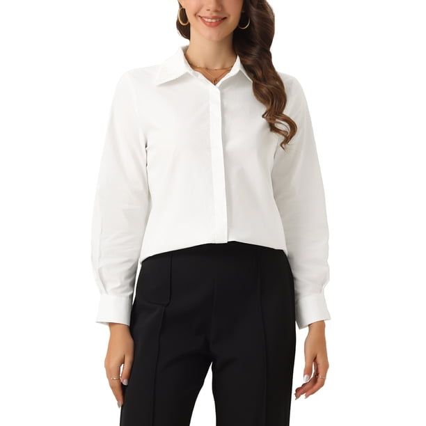 CAMISA DE TRABAJO PARA MUJERES INSPIRE CHIC DE MANGA LARGA CON BORDADO Y CUELLO, CAMISA DE BOTONES, L, BLANCA
