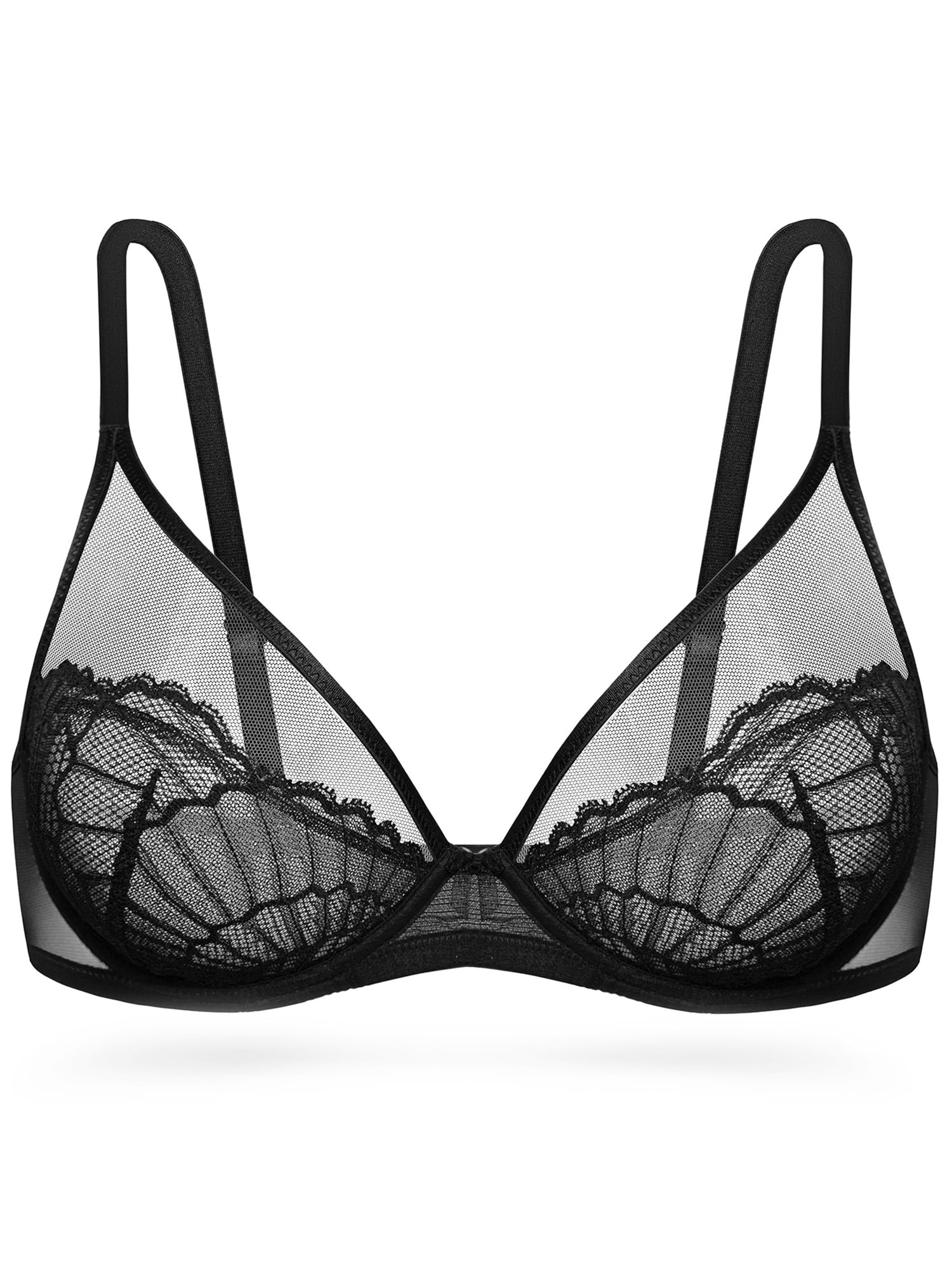 Deyllo Women Lace See-Through Bra Underwire Support Push Up Bras Unlined Non Padded Lightweaight Breathable Black Underwear Bras 38C