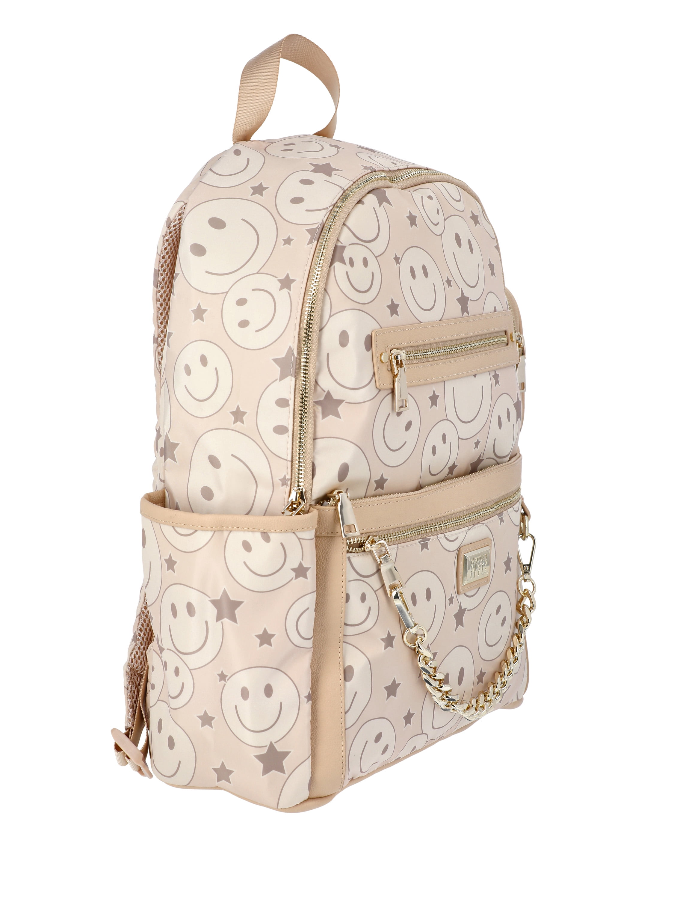 Madden NYC Women's Chain Pocket 17" Dome Backpack, Beige Smiley