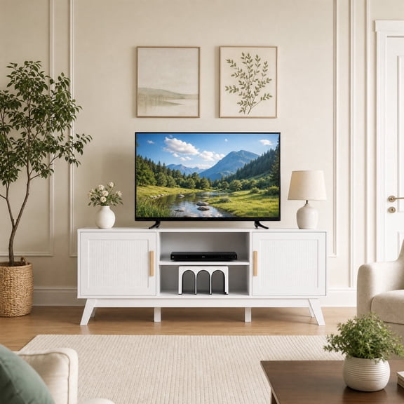 TV Stand for TVs Up to 65" with 2 Rattan Cabinets and Open Shelves, Entertainment Media Console,White