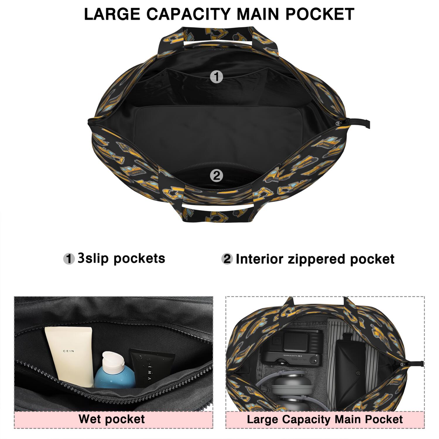 Cartoon Construction Vehicles Yellow Black Pattern Travel Tote Bags for Women Carry On,Large Weekender Bags for Women Travel,Multi Functional Duffle Bag for Work,Shopping,Sports