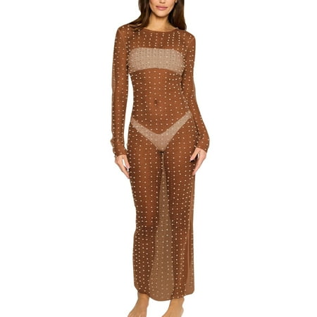Youmylove Summer Dresses for Women Sexy See Through Lace Mesh Hot Beaded Sleeveless Dress Beach Swimwear Coverups