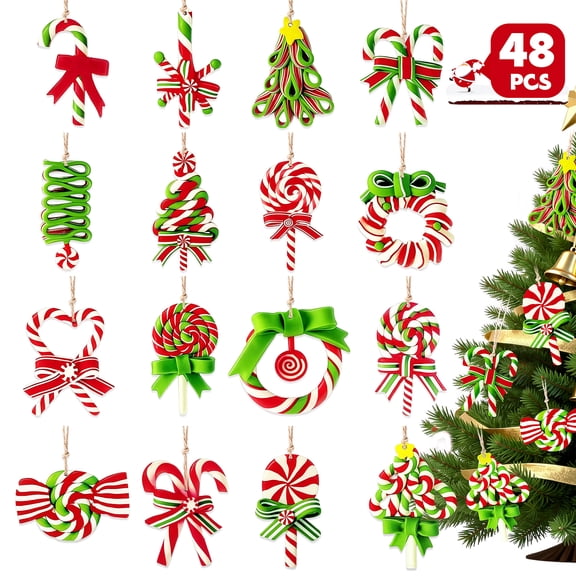 Amaopus 48 Pack Christmas Lollipop Wood Ornaments, Colorful Peppermint Candy Hanging Decorations with Ropes for Christmas Tree, Home, Window
