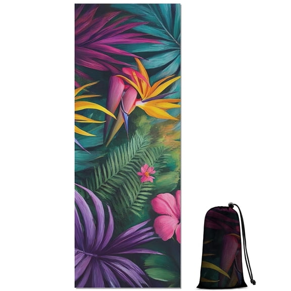 Colorful Tropical Leaf Pattern Hot Yoga Mat Towel Non Slip for Hot Yoga - Quick-Drying Yoga Mat Cover with 4 Corner Pockets with Travel Bag - Hot Yoga Towel Non Slip 70"x26"