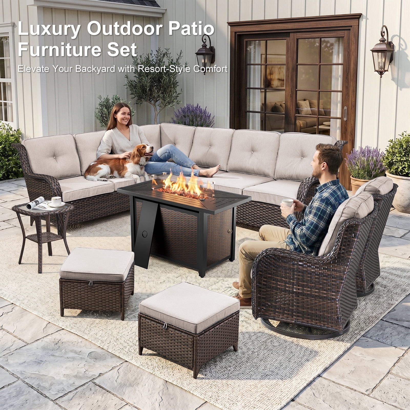 Bellefurn Outdoor Wicker Patio Furniture Set,Outdoor Wicker Sectional Sofa Set L-Shaped Sectional Sofa with Coffee Table,All Weather Rattan Conversation Set for Backyard Porch Garden