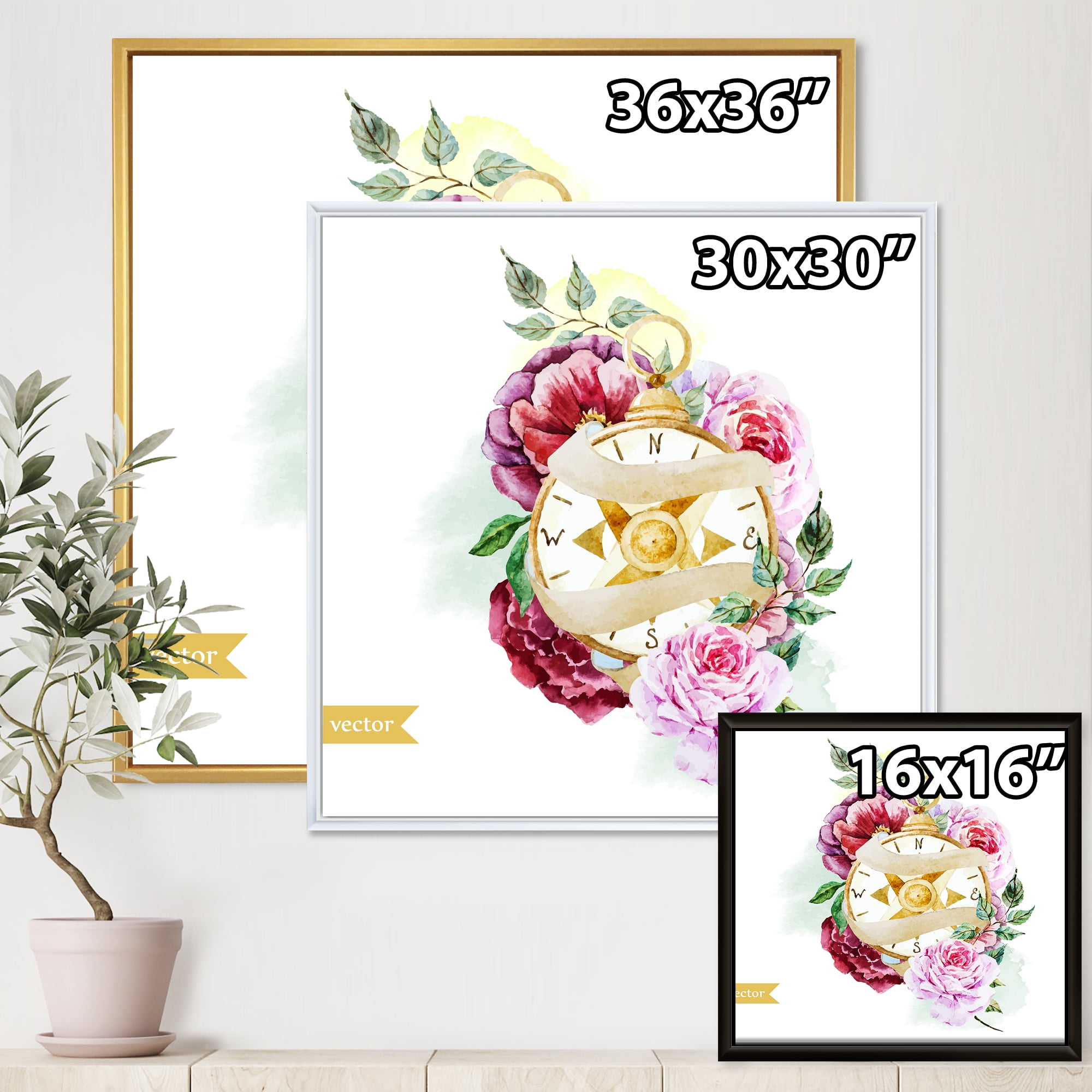 Designart 'Compass Among Flowers' Traditional Framed Canvas Wall Art Print