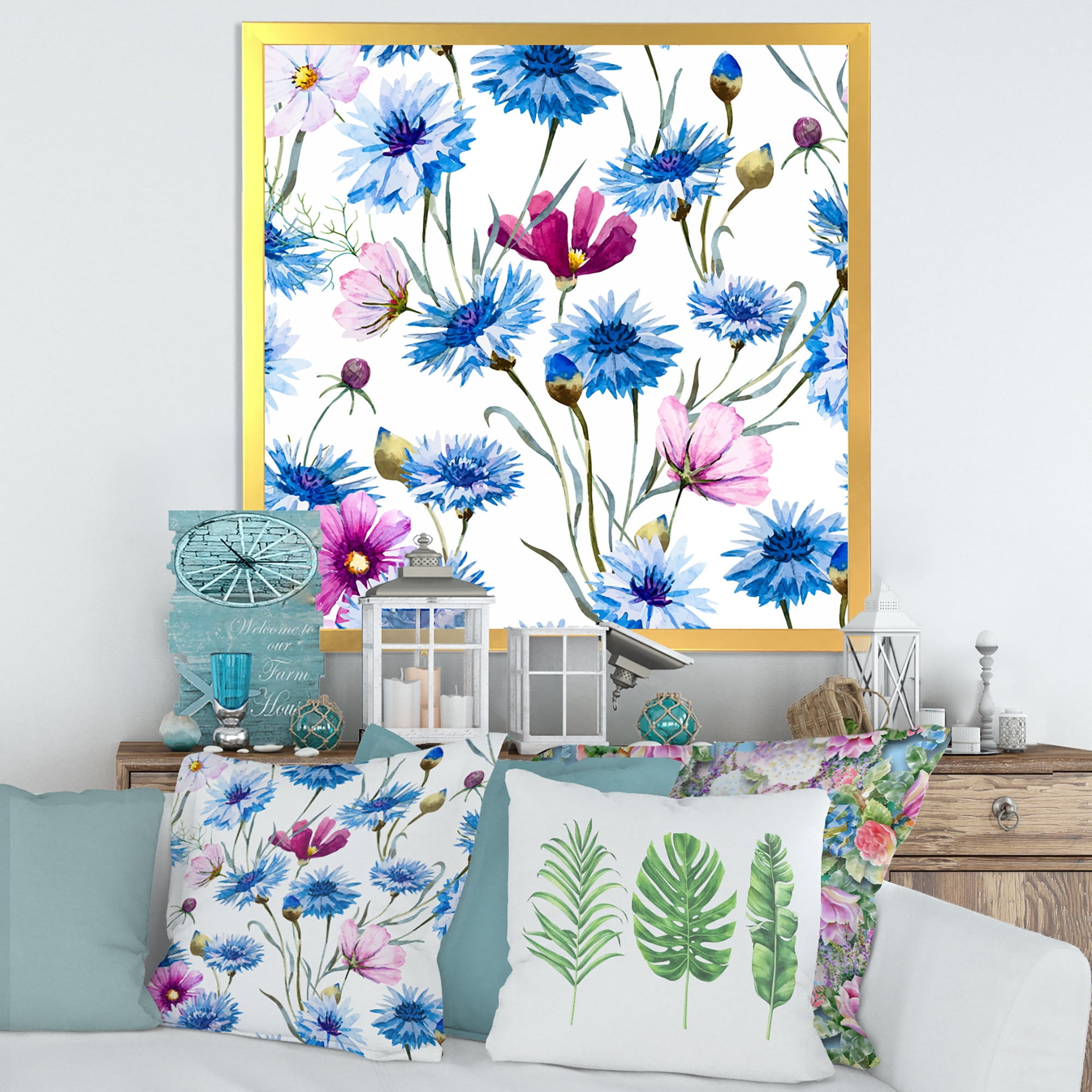 Designart 'Pink and Blue Wild Cornflowers' Traditional Framed Art Print