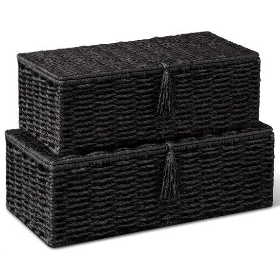 Black Set of 2 Handwoven Rectangular Wicker Storage Baskets with Lids