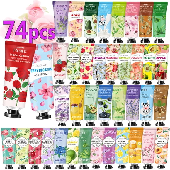 Paquete de 74 regalos de crema de manos para mujeres, regalos de Navidad, rellenos de medias para adultos, empleados, regalos de agradecimiento, regalos pequeños a granel, regalos de regreso de fiesta