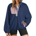 thumbnail image 2 of BiZtdJrK Polar Fleece Sweatshirts for Women Casual Button V Neck Pullover Fashion Colorblock Long Sleeve Tops Fall Winter Clothes Fall Savings Navy S, 2 of 8