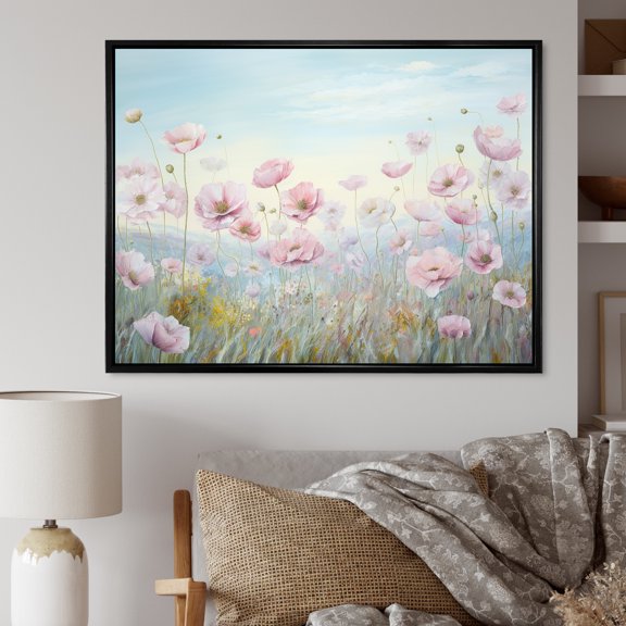 Designart "Mountain Meadow Of Pink Ranunculus I" Ranunculus Floater Framed Canvas Wall Art