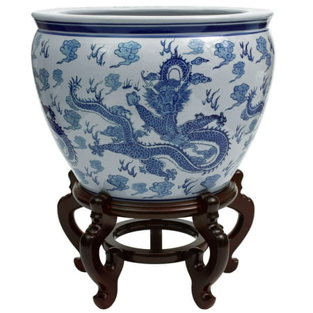 UPC: 0849527054901 | Oriental Furniture 14 Dragon Blue & White Porcelain Fishbowl
