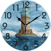 Wellsay 3D Beautiful Lighthouse Seagull Print Round Wall Clock, 9.5 Inch Battery Operated Quartz Analog Quiet Desk Clock for Home,Office,School