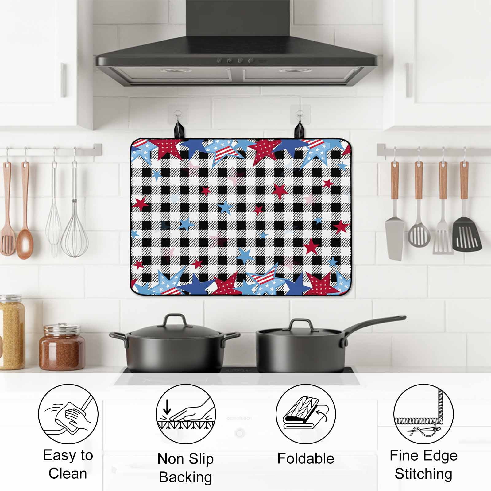 4th of July Stove Top Cover for Electric Stove, Heat-proof & Non Slip Glass Top Stove Cover Protector, Blue Red Star Independence Day Black Plaid Kitchen Flat Cooktop Rubber Mat 24x21 Inches
