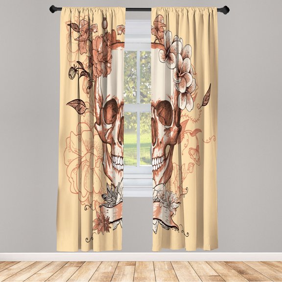 Ambesonne Grunge Curtains, Skull and Flowers Mexican, Pair of 28"x95", Pale Peach